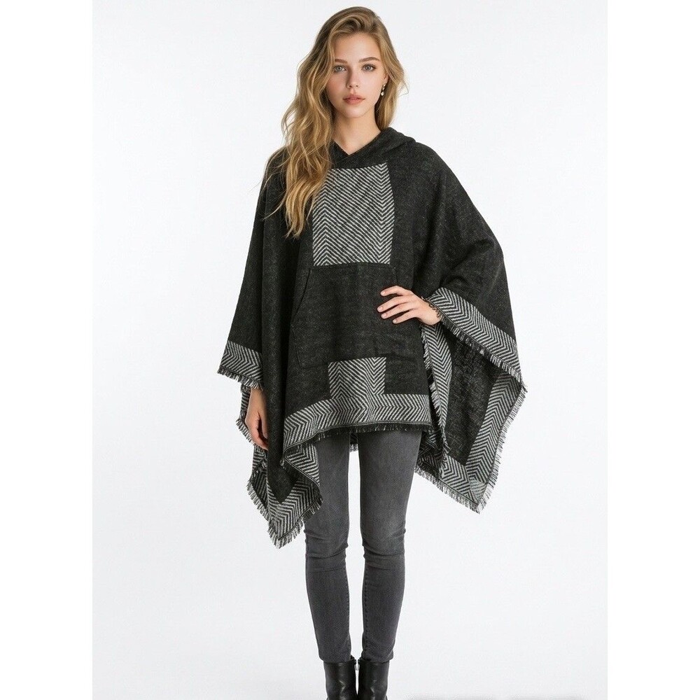 Vince Camuto Border Hooded Poncho Women’s One Size Black Fringe Pocket